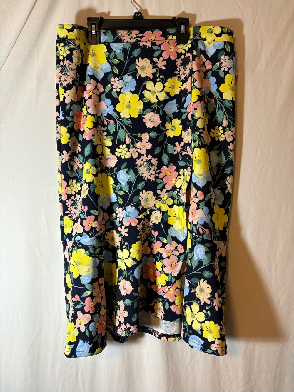 Cato Floral Midi Skirt in Navy with Yellow, Pink & Light Blue Blossoms